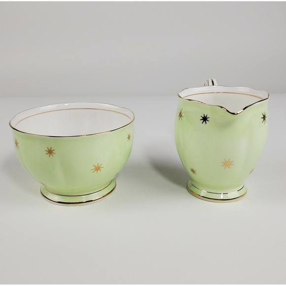 Vtg  Queen Anne Pole Starburst  MCM Midcentury Footed Sugar Creamer Green Gold - Picture 2 of 12